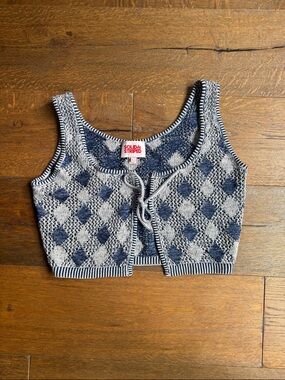 SOLID & STRIPED Navy and White Diamond-Check Tie-Front Knit Crop Top